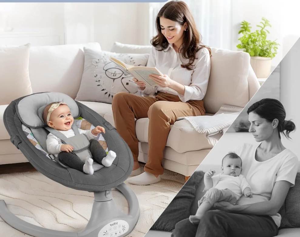 Kimbosmart Baby Swing Bouncer Chair Infant Swing Electric Remote Control Baby Rocker, Built-in Bluetooth Music Touch Screen Sway in 5 Speeds