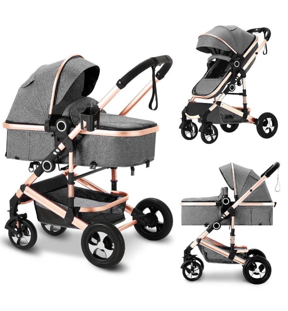 AILEEKISS 3-in-1 Convertible Baby Stroller with Big Seat and Adjustable Canopy, 24 Pound, Rose Gold