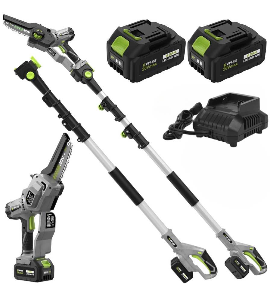 Vipuse 2-in-1 Brushless Cordless 16 FT Max Extension Pole Saws with Two 4.0Ah Rechargeable Batteries and 2.0Ah Fast Charger, 5.5lb Lightweight Auto Oiling 7 inch mini chainsaws for Tree Trimming