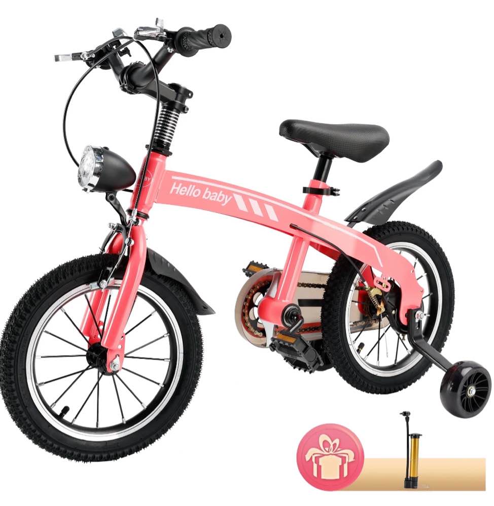 ARTUDATECH 14/16 Inch Kids Bike for Ages 3-7 Years Old Boys Girls, Kid's Bikes with Training Wheels LED Headlight, Children Bicycle for Kids and Toddler Beginners, Black/Red