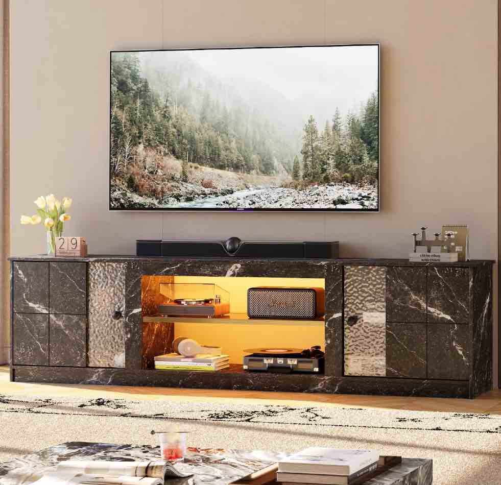 Pinmoco 70" LED TV Stand for TVs up to 80", Gaming Entertainment Center with Storage Cabinet and Adjustable Shelves, Black Marble