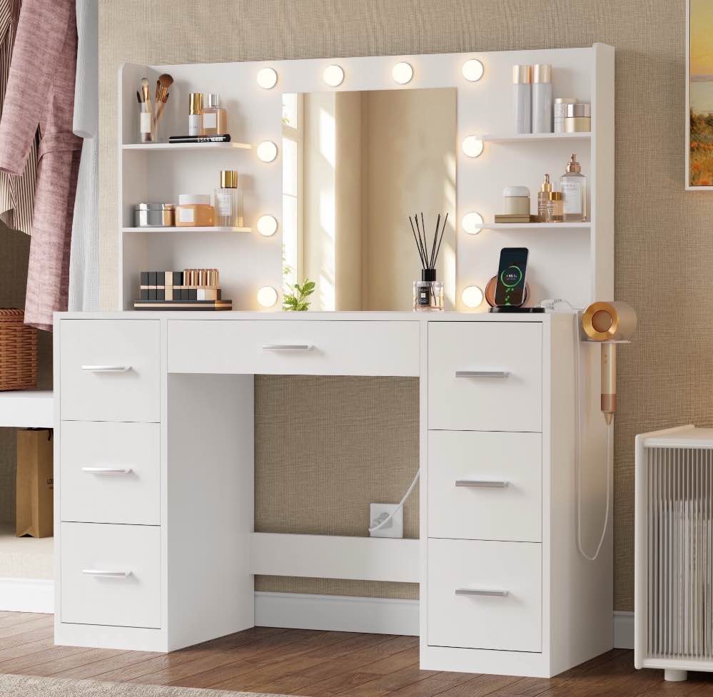 Lacoo Vanity Desk with Mirror and LED Lights, Makeup Vanity with 7 Drawers & 4 Shelves, Vanity Table with Power Outlet for Bedroom Dressing Room, White