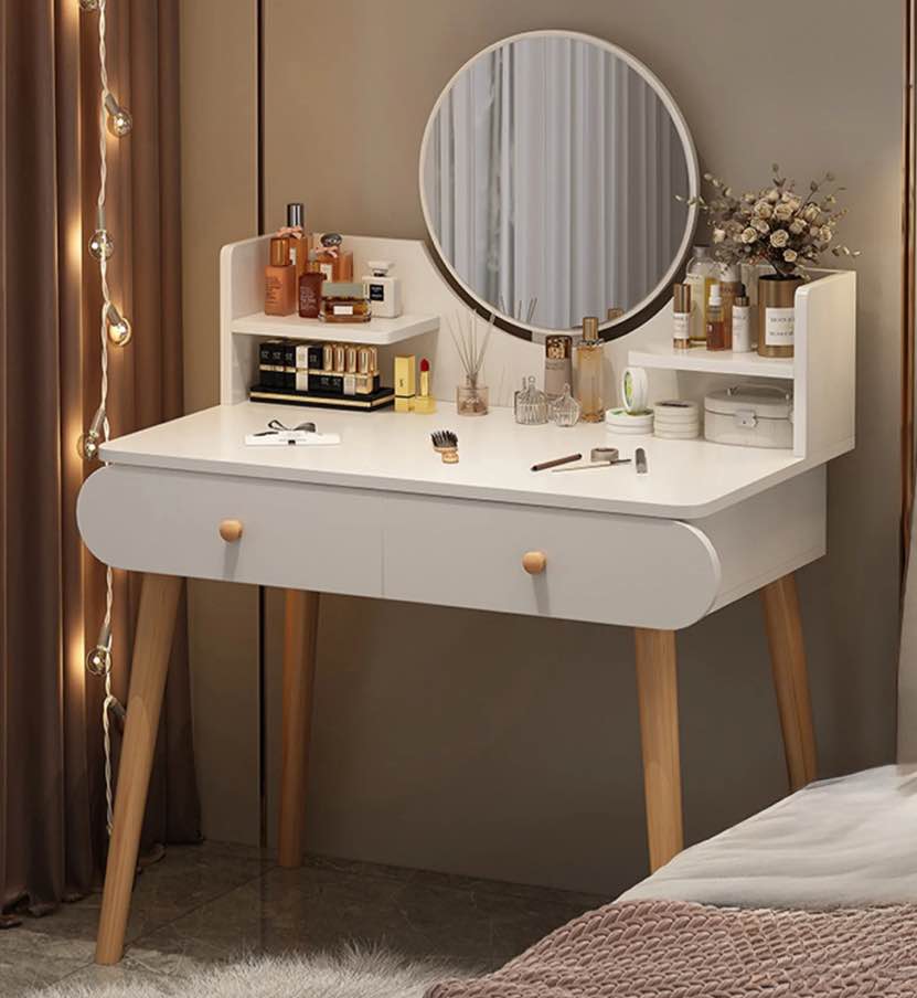 Hurber Vanity Table Set with Mirror, Modern Makeup Vanity Dressing Desk with 2 Drawers & 2 Shelves ,White (Without Stool)