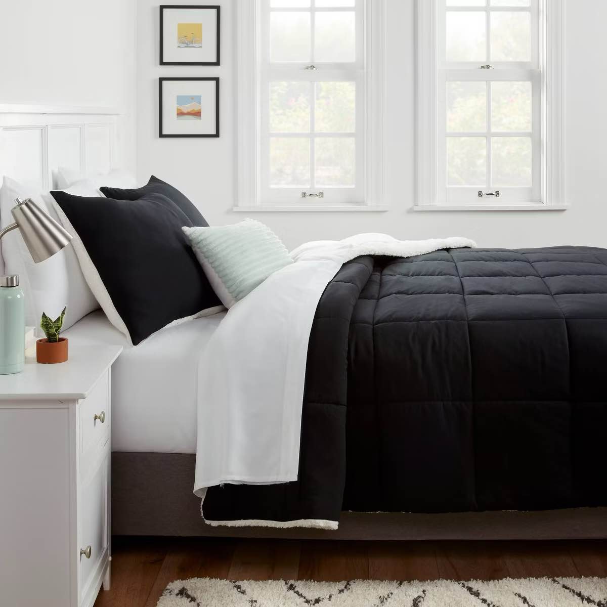 Twin/Twin Extra Long Faux Shearling Washed Microfiber Reversible Comforter Black - Room Essentials™: OEKO-TEX Certified, Dorm Bedding