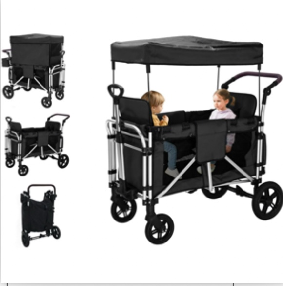 Stroller Wagon for 2 Kids, Wagon Stroller with 2 High Seat, 5-point Harnesses, Adjustable Canopy, Foldable Stroller Wagon 2 Passenger for Garden, Stroller, Camping, Grocery Cart