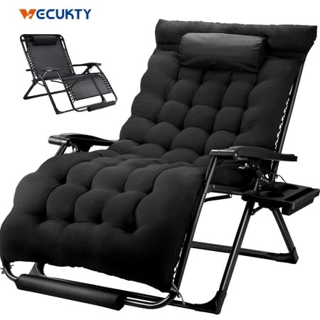 VECUKTY XXL Oversize Zero Gravity Chair - 500lb Capacity, 33-Inch Wide Padded Seat, Folding Travel Recliner for Outdoor / Indoor Use - Patio, Lawn, Black, Portable and Heavy Duty