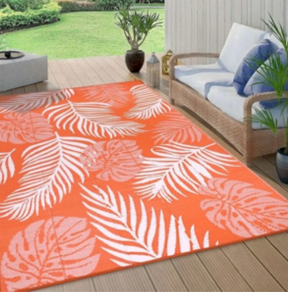 6'x9' Outdoor Rugs for Patios, Yamaziot Patio Rug RV Mats, Waterproof Reversible Plastic Straw Camping Rug for Deck Porch Balcony Beach Tropical, Palm Leaf Orange