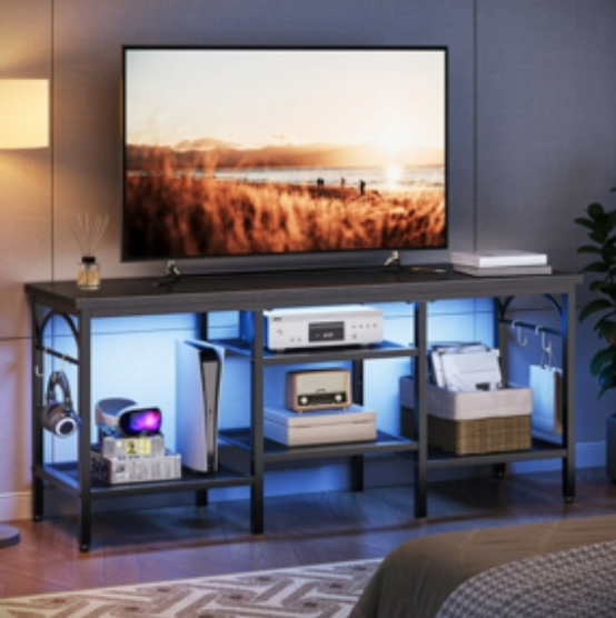Pinmoco TV Stand for TVs up to 55 Inch, LED Light Entertainment Center with Open Storage Shelves, TV Media Console Table for Living Room, Bedroom, Black