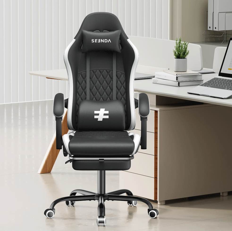 Seenda Gaming Chair, Fabric Office Chair Ergonomic Desk Chair, Video Game Chair with Footrest and Massage Lumbar Support, High Back Computer Office Chair with Headrest, 275Lbs, Black 