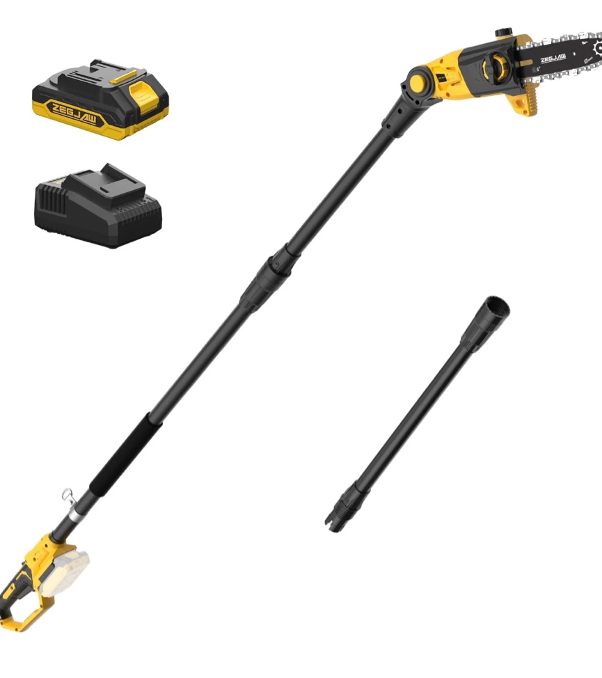 ZEGJAW Pole Saw, 8-Inch Pole Saw for Tree Trimming Cordless 15-FT Max Reach, Auto Oiling, Tool-Less Electric Pole Saw, Tree Trimmer with Battery & Fast Charger