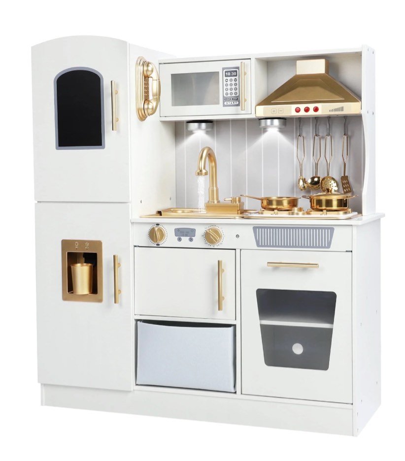 Wooden Kids Kitchen Playset with Running Water Lights & Sound, Play Kitchen Pretend Play Toy Set for Toddler 3-6 Years Old