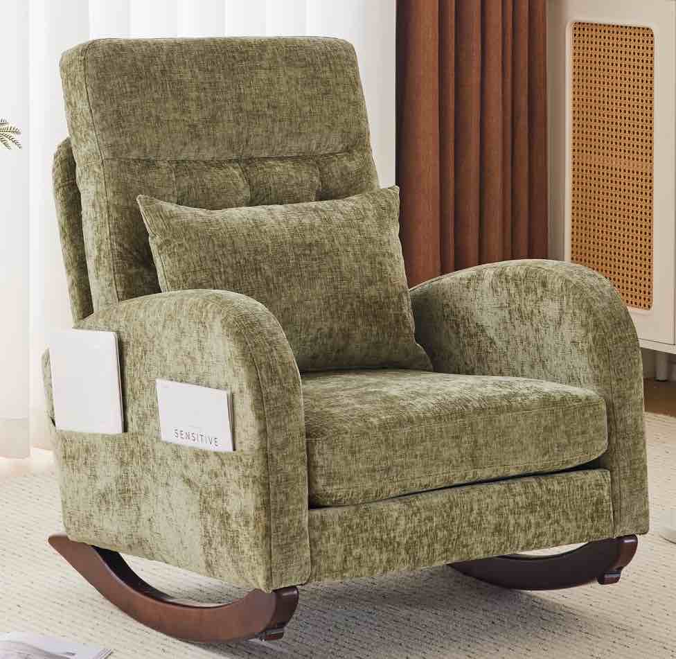 Ktaxon Rocking Accent Chair Glider Reading Chair Comfy Chenille Upholstered Single Sofa Rocker for Living Room, Nursery, Bedroom Olive Green