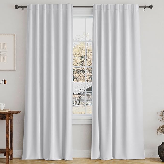 100% Blackout Shield Linen Blackout Curtains for Bedroom 84 Inches Long,Back Tab/Rod Pocket Living Room Drapes,Thermal Insulated Textured Blackout Curtains 2 Panels Set,50" W x 84" L, White