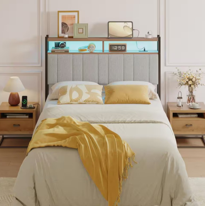 Pinmoco - Linen Upholstered Storage Headboard LED Headboard with Charging Station - Gray Queen