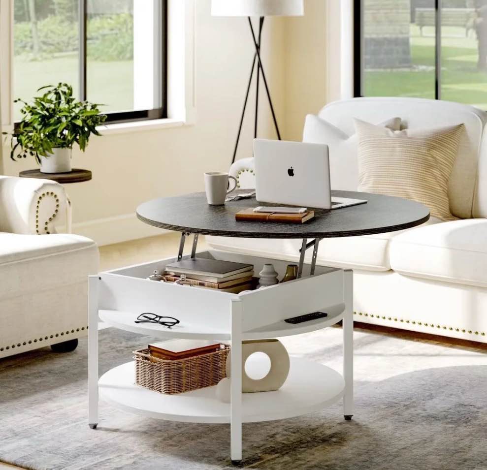 DOVEAID Round Lift Top Small Coffee Table with Storage Modern Farmhouse Center Table with Shelf Small 2 Tier Circle Table for Living Room White