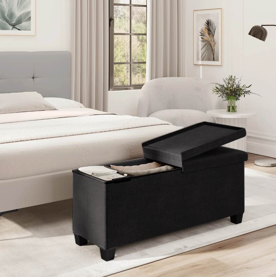 Hearth & Harbor Storage Ottoman Bench, Linen 45" Ottoman With Storage, Black