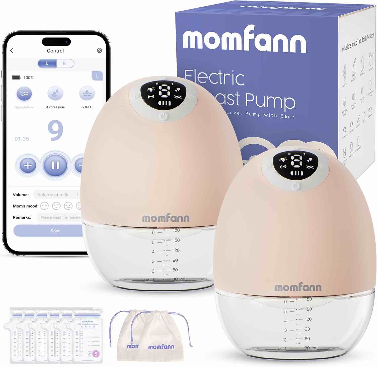 Breast Pump Wearable, Hands-Free APP Control Portable Breastfeeding Pump with Efficient Milk Output, Leak-Proof Design, Discreet, Quieter, 3 Modes 9 Levels Electric Breast Pump, Beige