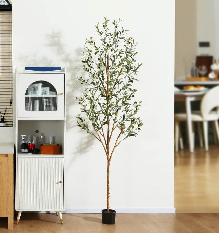 7 ft Artificial Olive Plants with Realistic Leaves and Natural Trunk, Silk Fake Olive Tree in Black Plastic Pot, Faux Olive Tree for Office Home