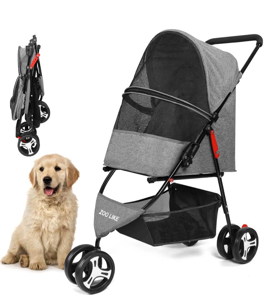 Zoolike 3 Wheel Pet Stroller Cat Dog Stroller Foldable Jogging Travel Perros Carrier for Small Medium Dogs?Puppy Stroller,Gray