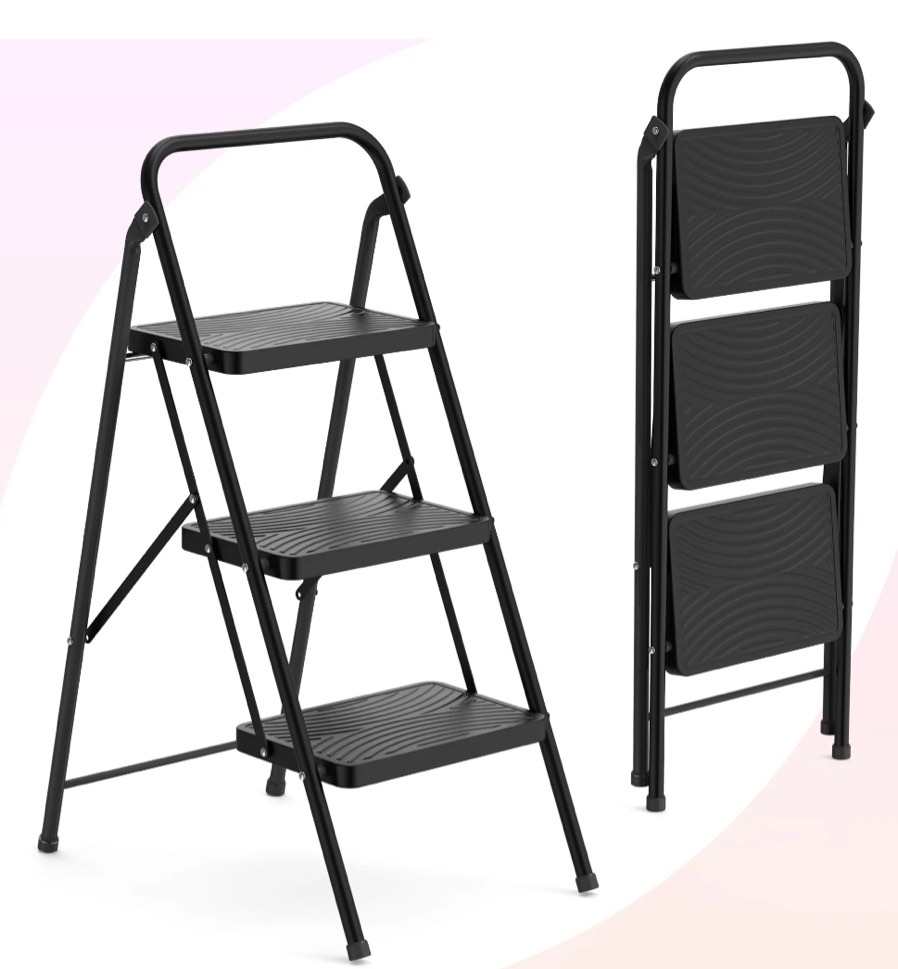 Jocauto 3 Step Ladder, Folding Step Stool for Adults with Wide Anti-Slip Pedal, Sturdy Portable 3 Step Stool, Lightweight, Black