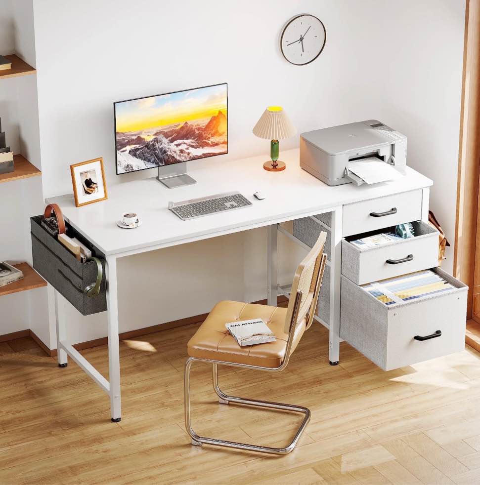 Casacomoda Computer Desk with Fabric Drawers & File Cabinet, Home Office Desk with Cloth Storage Bag and Hook, Vanity Desk for Bedroom, White