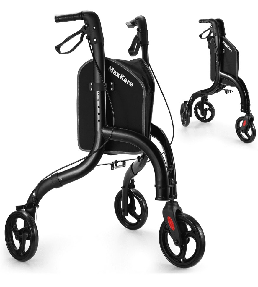 MaxKare 3-Wheel Walker for Seniors Foldable Rollator Walker with 8'' Wheel Lightweight, 300Lbs Weight Capacity, Height Adjustable, Black