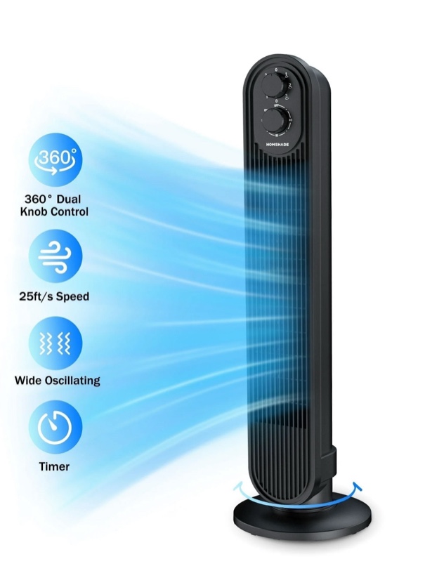 Tower Fan,31" Oscillating Standing Fan for Home,HOMSHADE Floor Fan with 360° Dual Knob Control ,3 Speed,Timer Bladeless Fan for Bedroom Office,Black