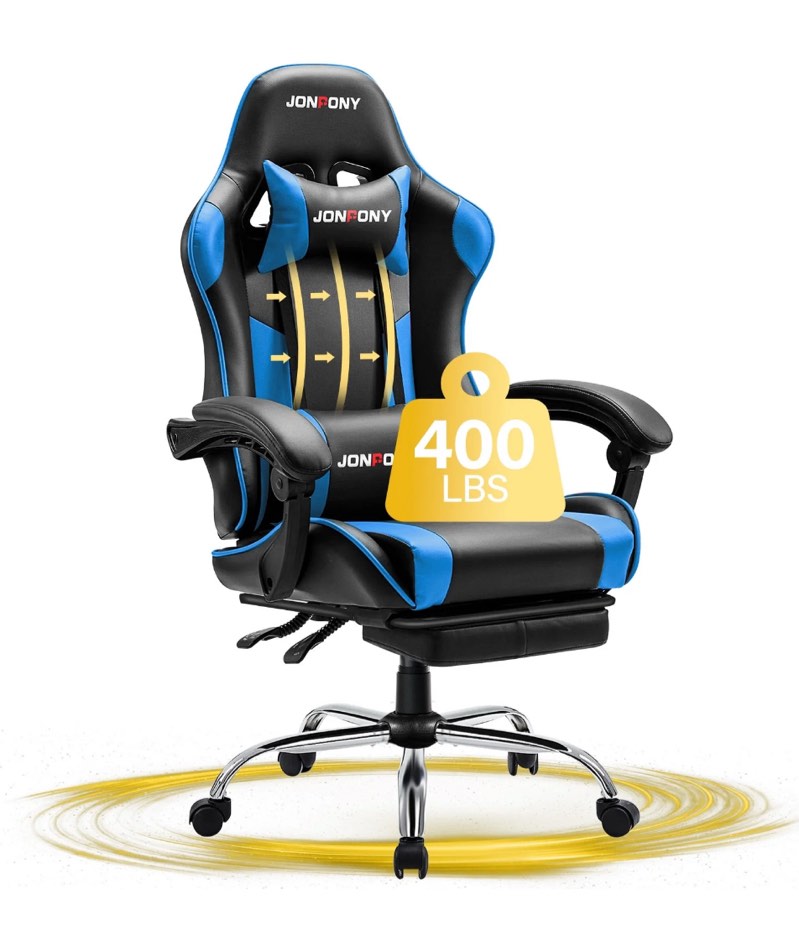 JONPONY Big and Tall Gaming Chair, Ergonomic Design, Gamer Chair PU Leather with Footrest and Lumbar Support, High Back Office Chair Support 8 Hours Long Sitting, Computer Chair,Black Blue