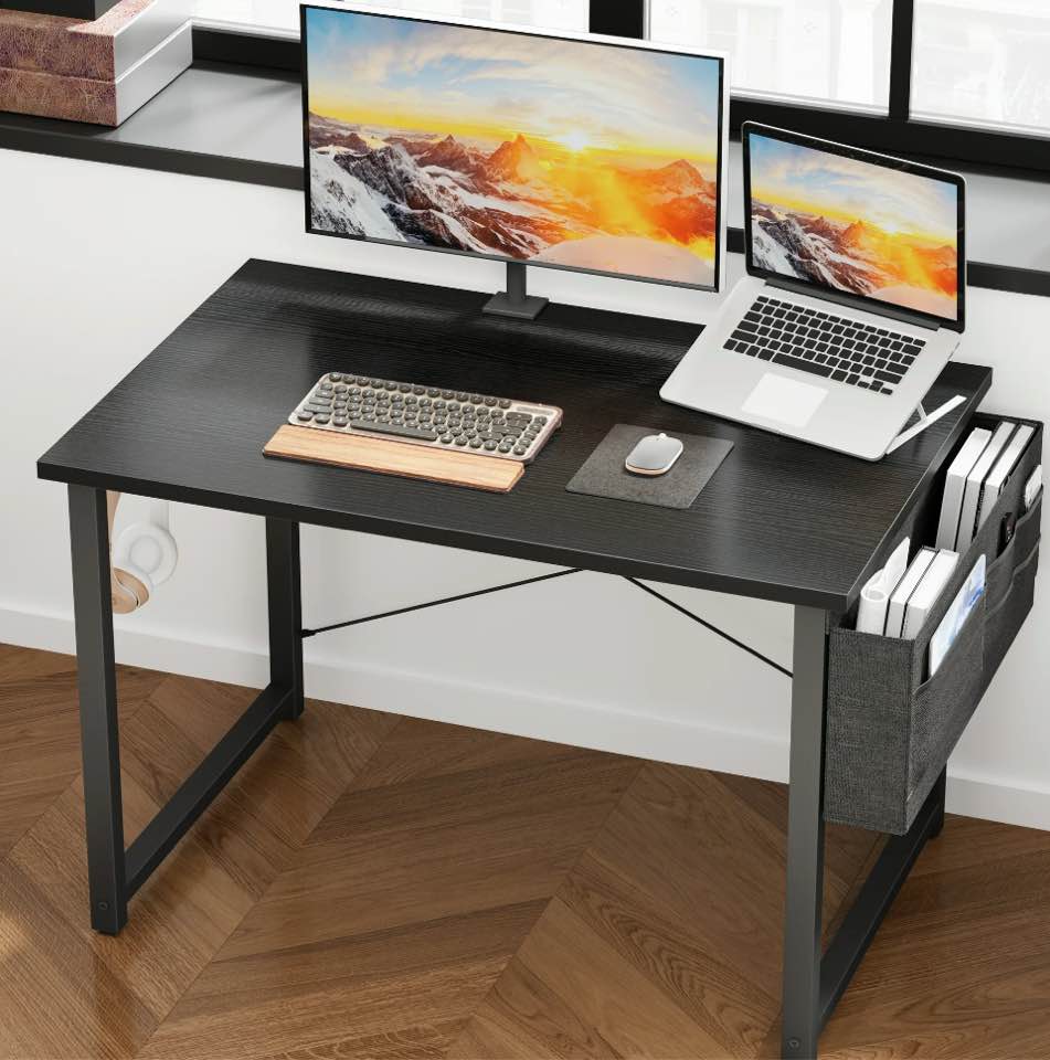 Casacomoda Computer Writing Desk 40 inch, Sturdy Home Office Table, Work Desk with a Storage Bag and Headphone Hook, Black