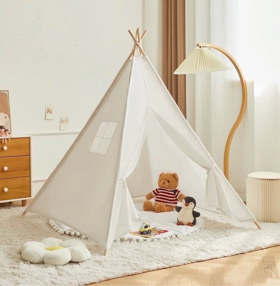 KOPPOP Kids Teepee Play Tent - Natural Cotton Canvas Foldable Indoor/Outdoor Playhouse for Toddlers Ages 2-6 (White, Boys & Girls).