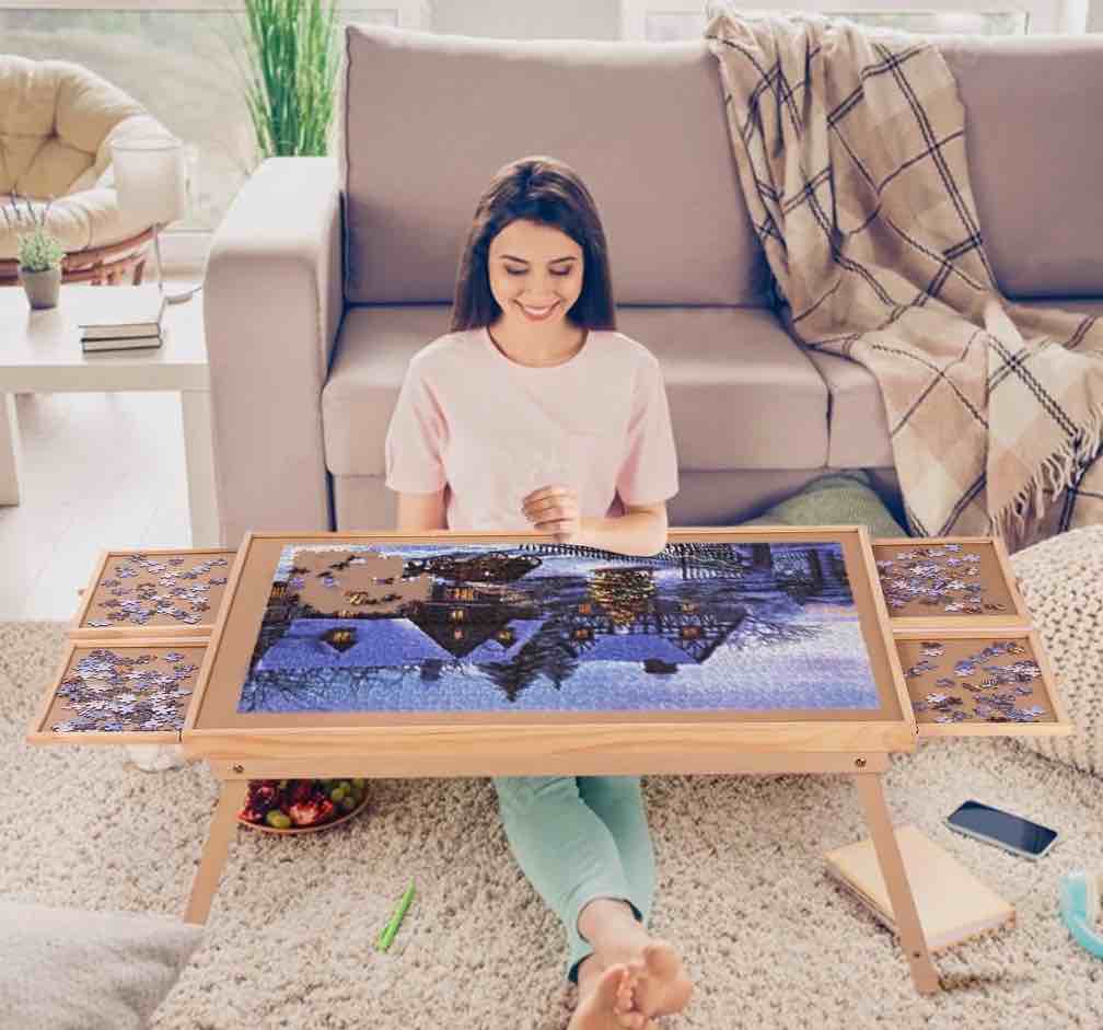 G TALECO GEAR Jigsaw Puzzle Table with Drawers, Legs and Cover, Wooden Puzzle Board for Adults 1500 Pieces, Puzzles Accessories, 34.3 "x 26.5"