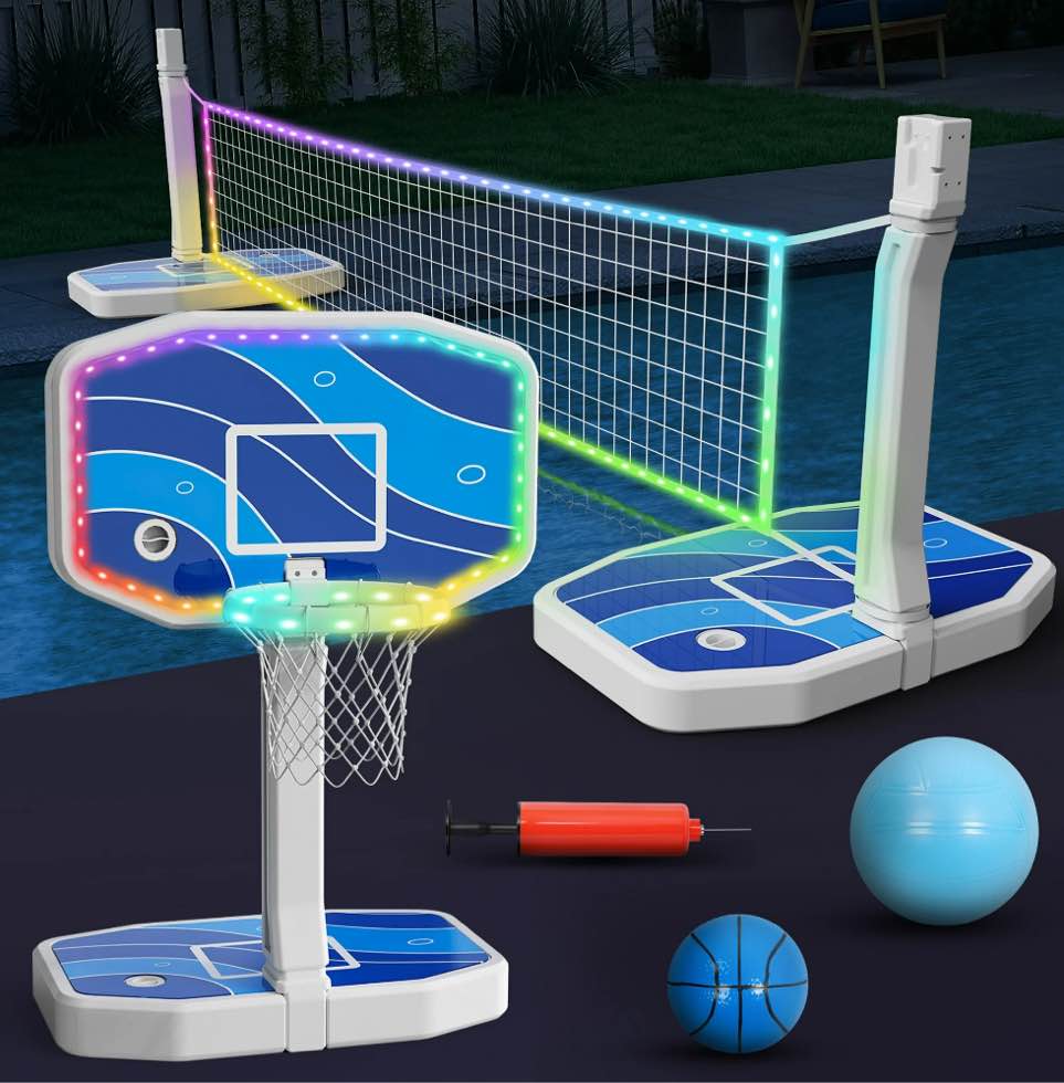Skyhot 2-in-1 LED Pool Volleyball & Basketball Game Set, Light Up Pool Sport Combo Set with LED Rim/2 Balls/2 Base/Pump, Ground Swimming Pool Toy Summer Party Games for Adults & Family