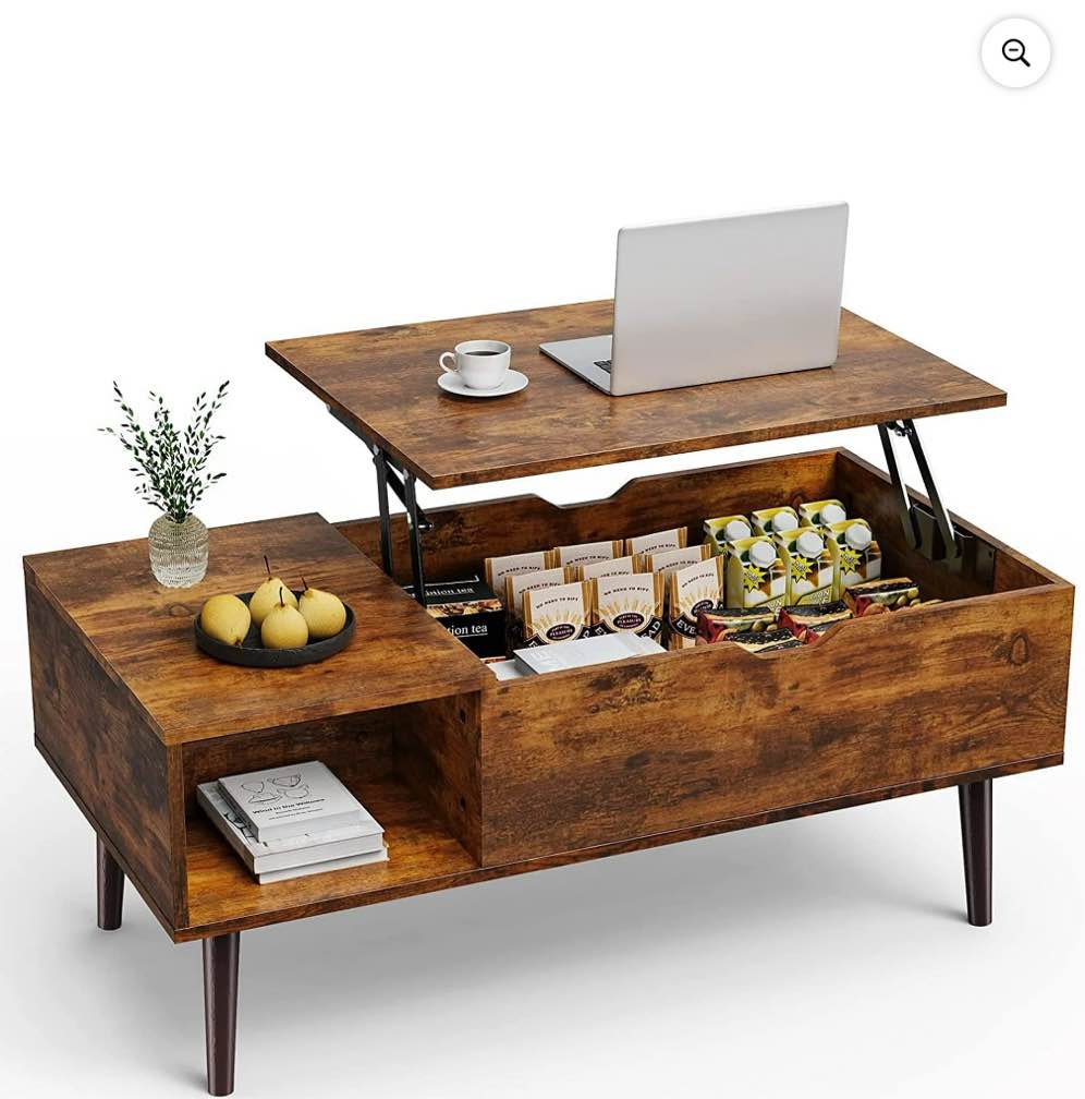 edx Adjustable Height Wooden Coffee Table with Hidden Compartments and Shelves - Perfect for Small Homes, Apartments, Reception Rooms, Rust Brown