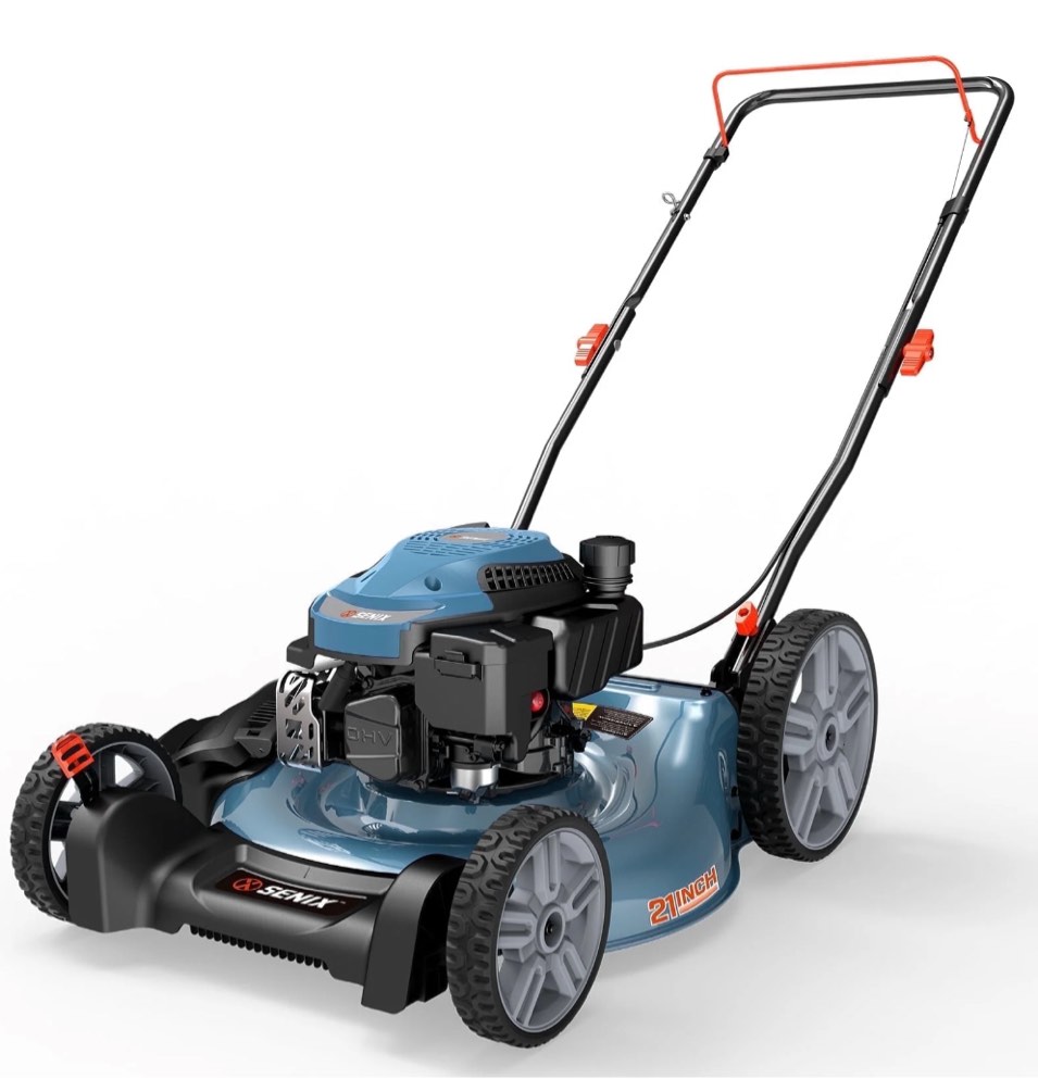 SENIX Gas Lawn Mower, 21in Cuttting Blade / 22in Cutting Deck, 144cc 4-Cycle, 2-In-1 Mulch & Side Discharge Push Mower, 6 Height Adjustments, 11" Rear Wheels, LSPG-L6