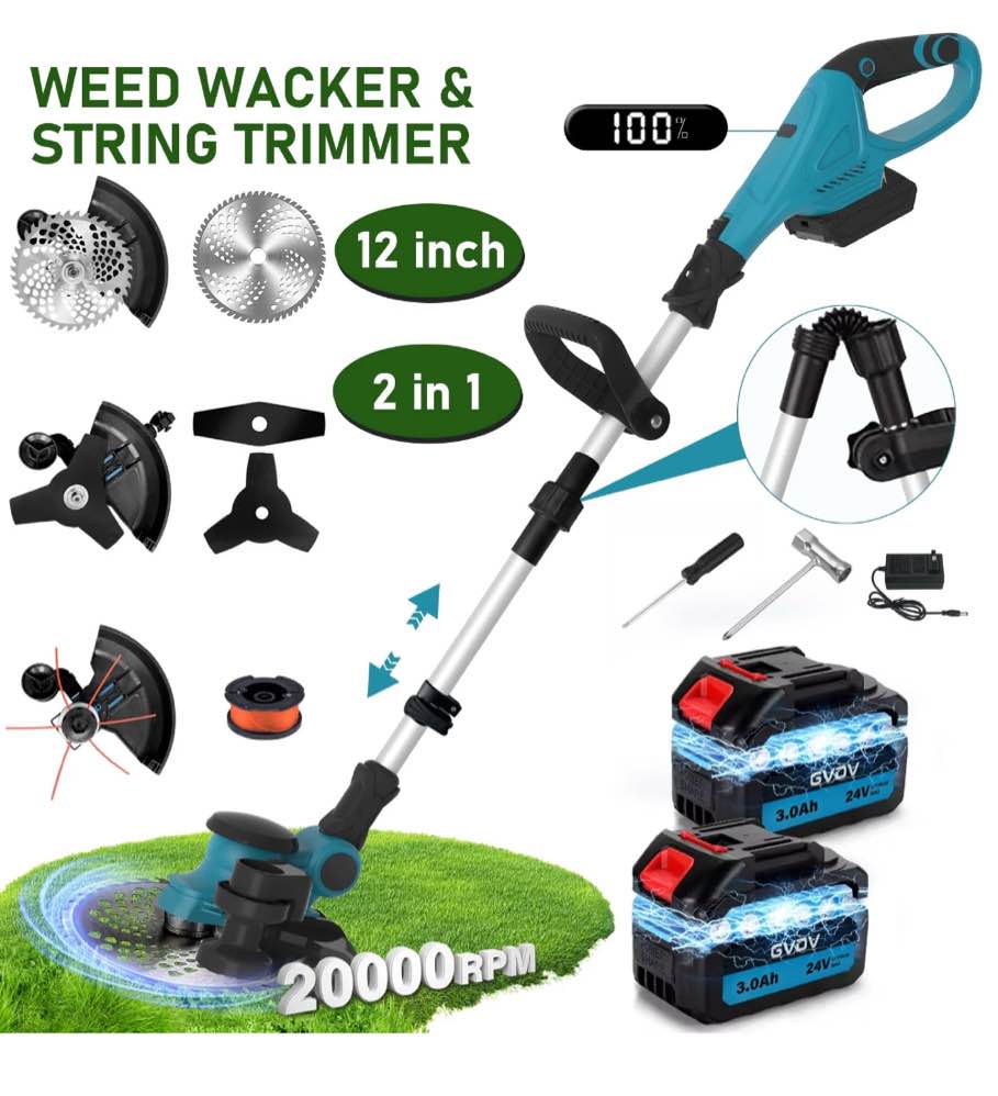 GVDV 2 in 1  Weed Wacker and String Trimmer, BLDC Motor, 2 Pcs 24V Batteries, 3 Blades, Adjustable Length - Lightweight Lawn Edger & Brush Cutter for Yard and Garden