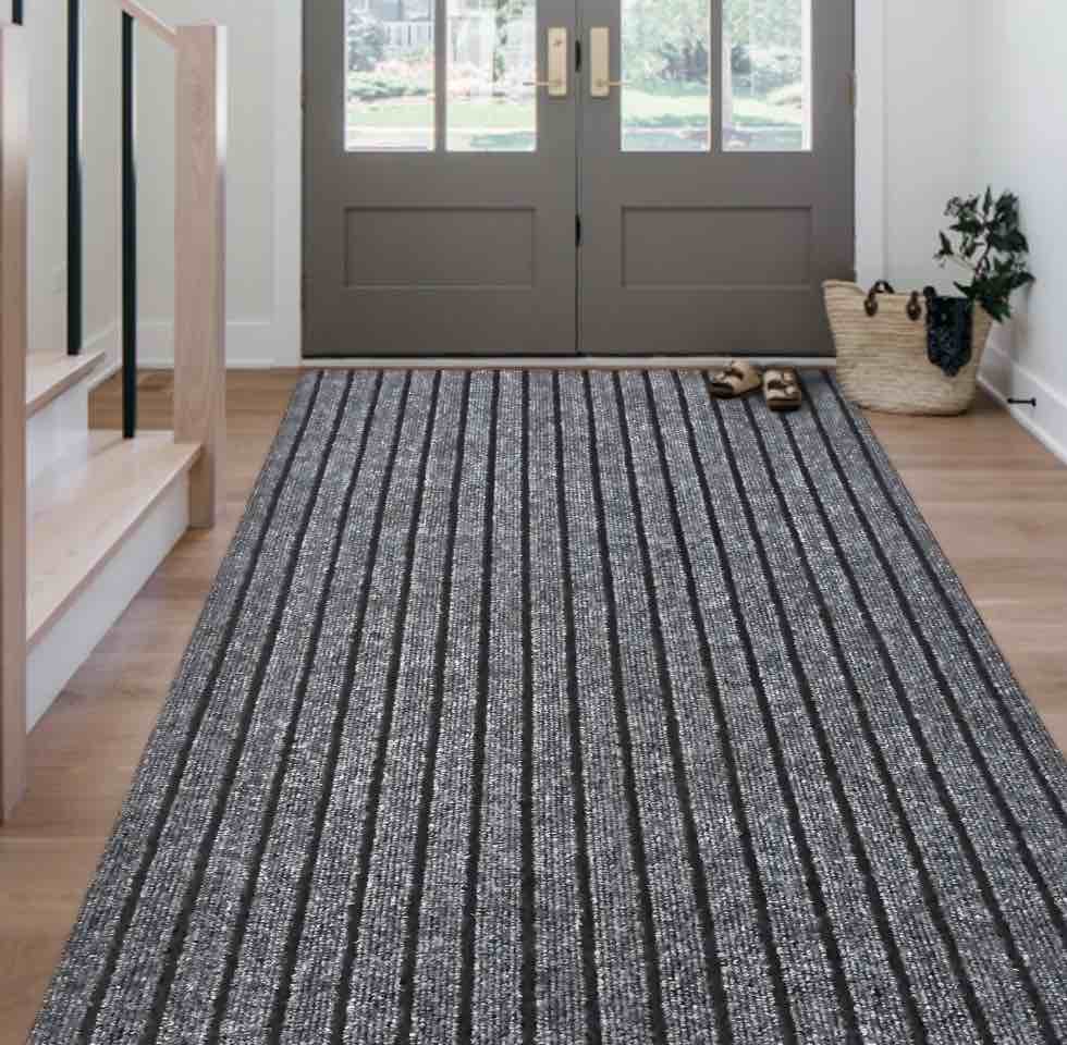 Morefany Outdoor Indoor Runner Rug Custom Size Rugs Non-Slip Hallway Carpet Runners with Rubber Backing Mat for Kitchen Entryway Living Room Garage Laundry 2ft x 6ft, Grey Striped