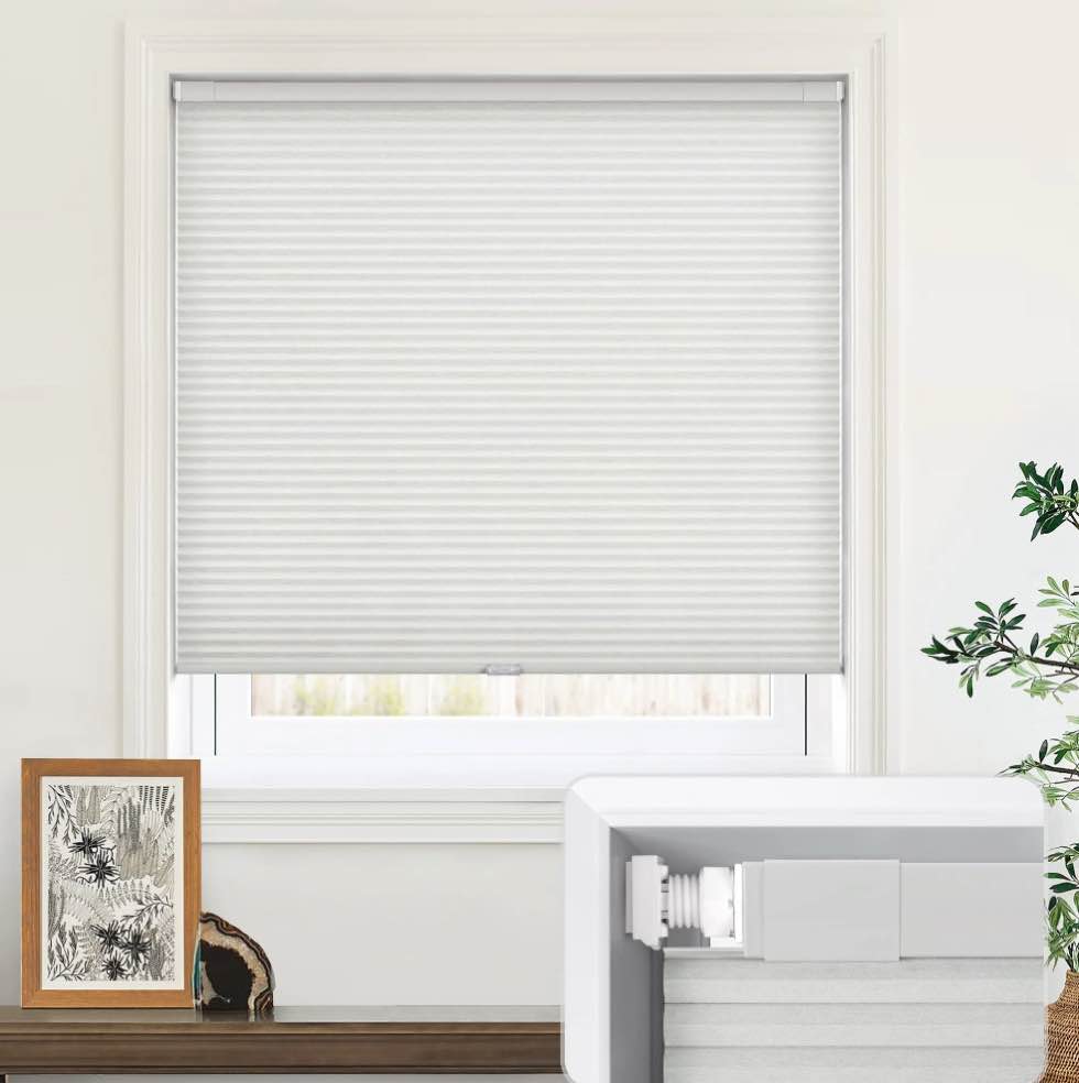 LazBlinds Cordless Cellular Shades, No Tools No Drill Light Filtering Honeycomb Shades Pleated Blinds for Windows, 28'' W x 48'' H, Light Grey