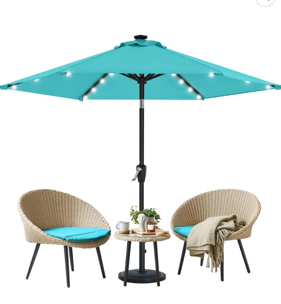 MASTERCANOPY 7.5ft Solar Patio Umbrella with 24 LED Lights Easy Tilt and Crank 6 Ribs, Turquoise