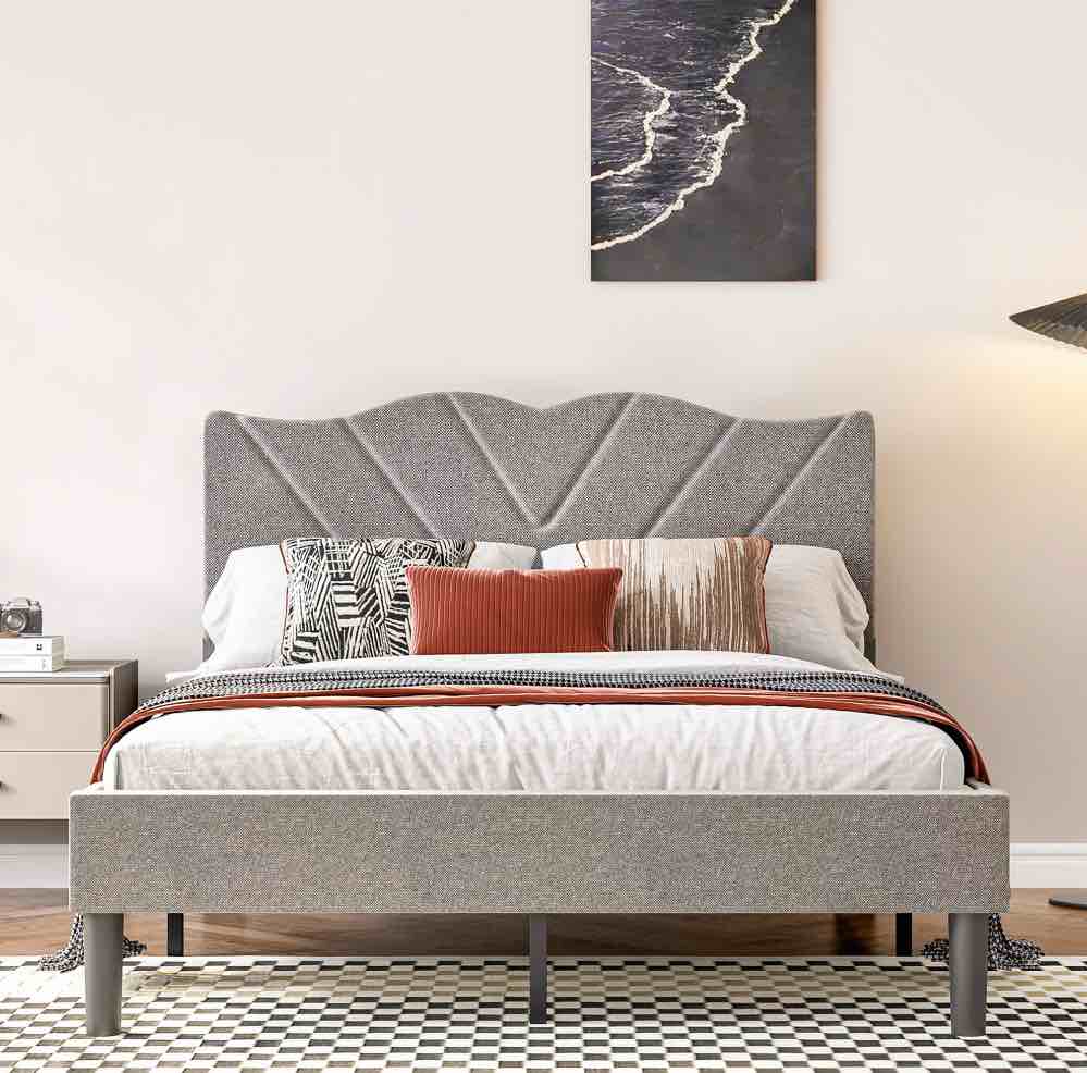 UHOMEPRO Gray Platform Bed Frame, Full Bed Frame with Velvet Upholstered Headboard, No Box Spring Needed, Easy Assembly