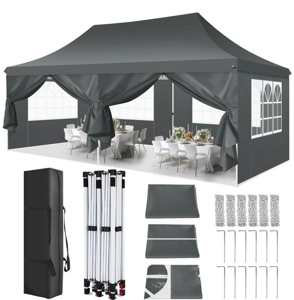 HOTEEL 10'x20' Pop up Canopy Tent with 6 Removable Sidewalls, Instant Outdoor Canopy Shelter with Upgrade Raised Roof and Carry Bag, Gray