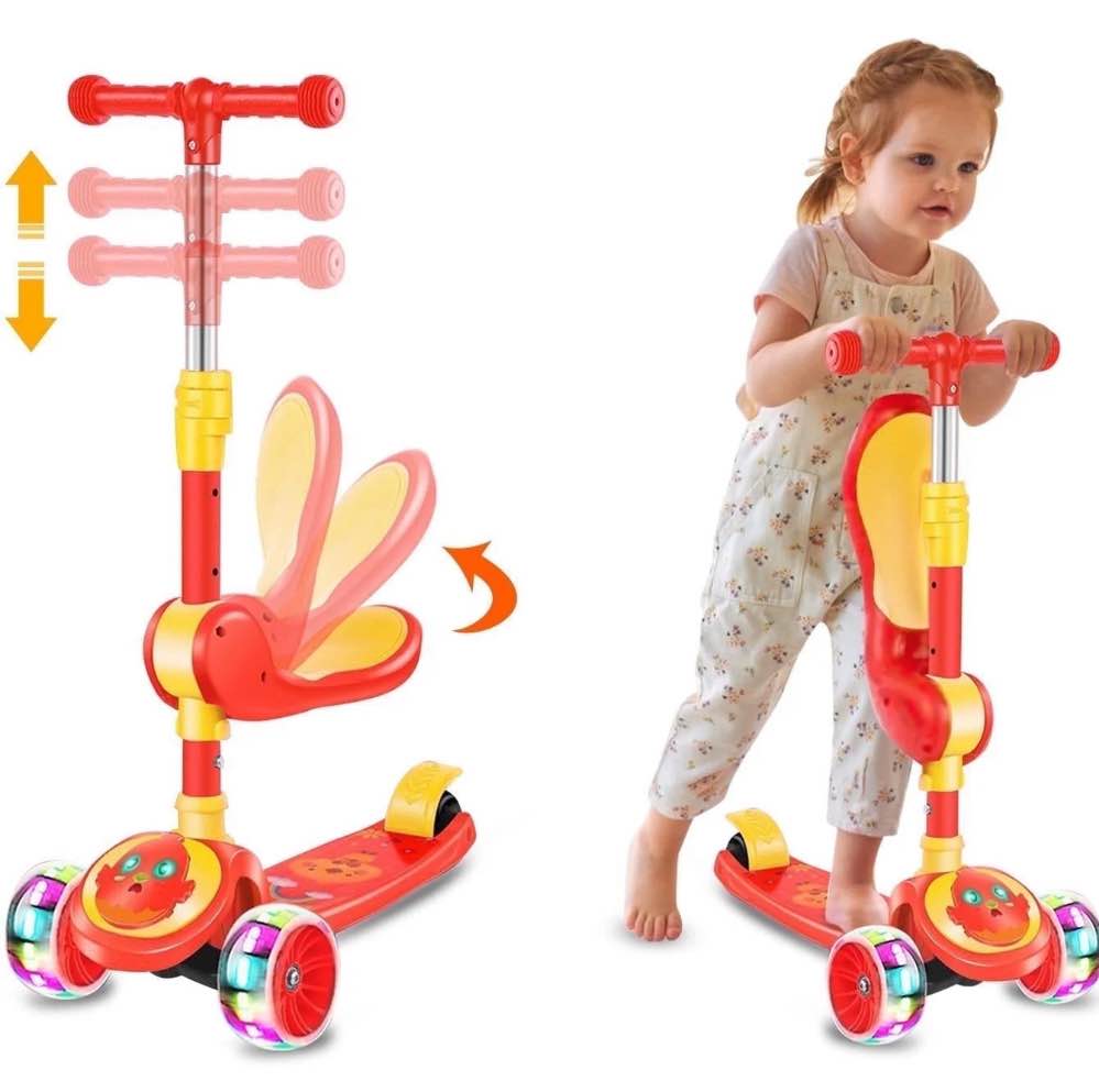 Eotvia Kids Scooter with LED Lighted Wheels, 3 Adjustable Handlebar/Foldable Seat, Sit or Stand Ride, Lean-to-Steer,Orange Scooters for Kids 3 YO & up