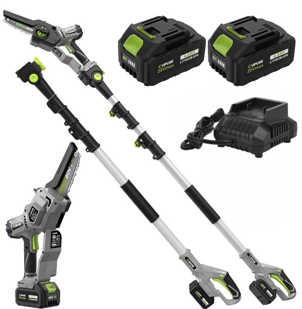 Vipuse 2-in-1 Brushless Cordless 16 FT Max Extension Pole Saws with Two 4.0Ah Rechargeable Batteries and 2.0Ah Fast Charger, 5.5lb Lightweight Auto Oiling 7 inch mini chainsaws for Tree Trimming