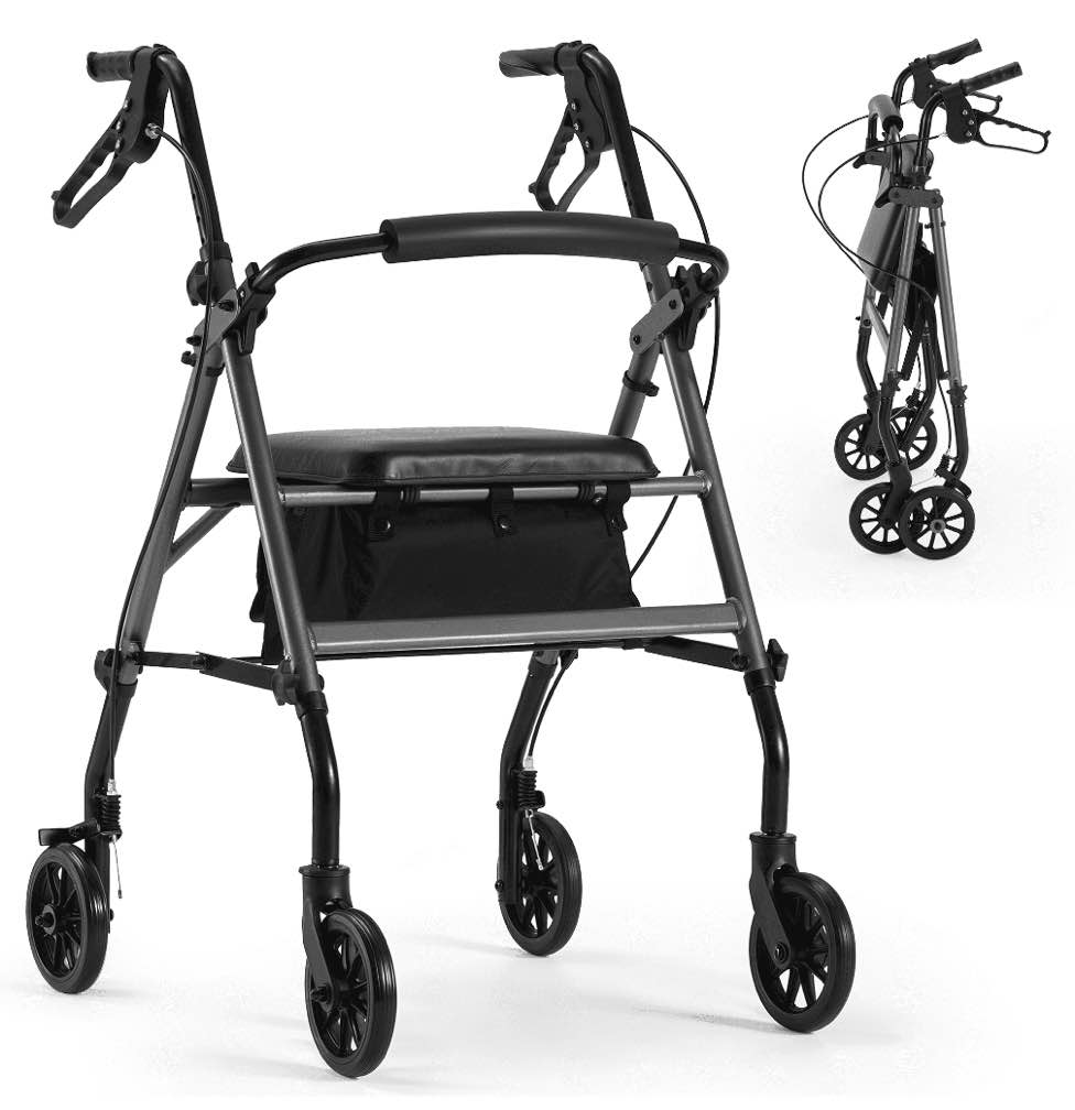 MaxKare Folding 4 wheel Rolling Rollator Walker with Seat 6" Wheels for Seniors, Mobility Walker with Adjustable Height, Removable Seat, Lightweight Aluminum, 300Lbs, Gray