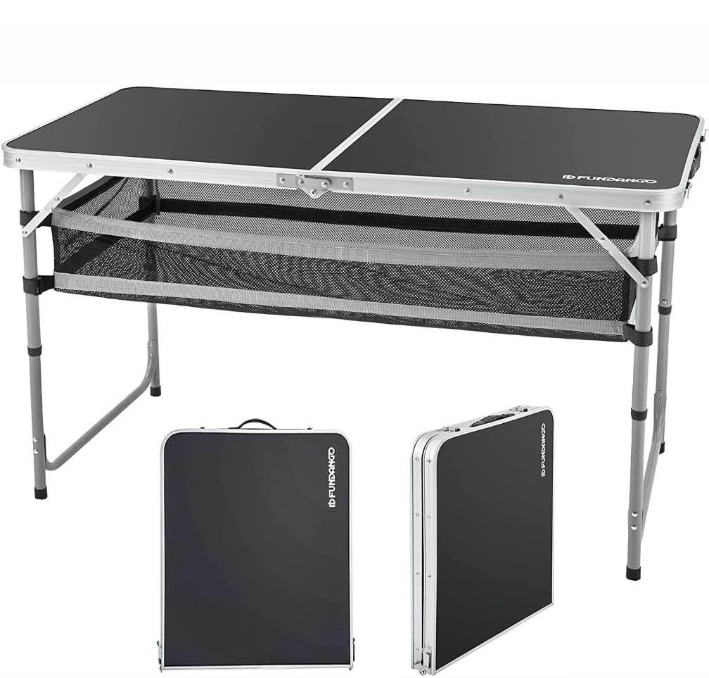 FUNDANGO Black Portable Folding Card Table with Adjustable Mesh Storage Bag 2.7ft Card Table for Camping, Travel, Outdoor Folding Card Table with Handle, 47.2"*23.6"*27.5", Black