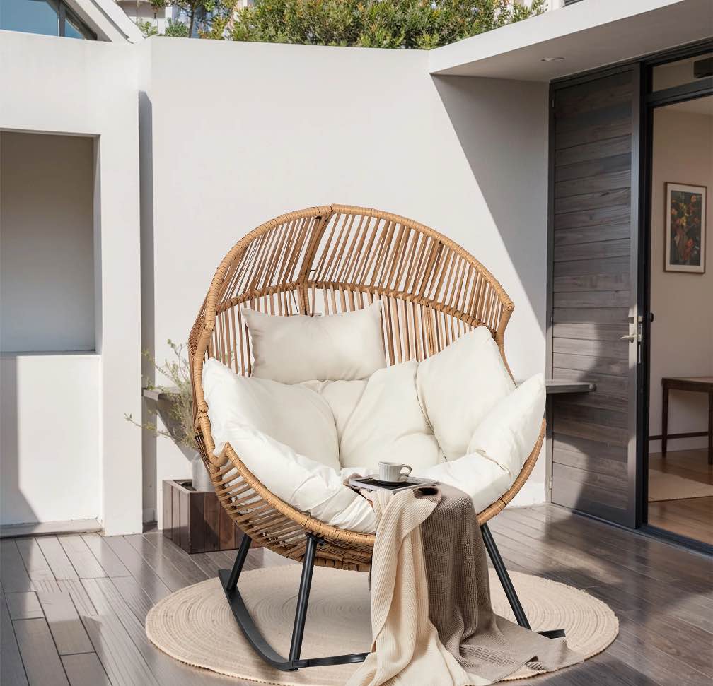 Walsunny Egg Chair Outdoor Wicker Patio Chair Oversized Lounger Chair with Cushion Egg Basket Chair for Indoor Outside Balcony Backyard Beige