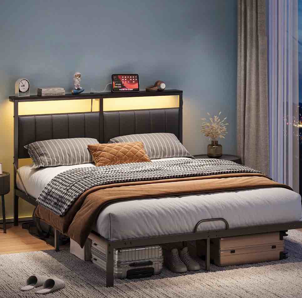 Queen Bed Frame with Upholstered Headboard Mattress Slide Stopper | Bestier Platform Bedframe with LED Lights, Sturdy Metal Legs Black