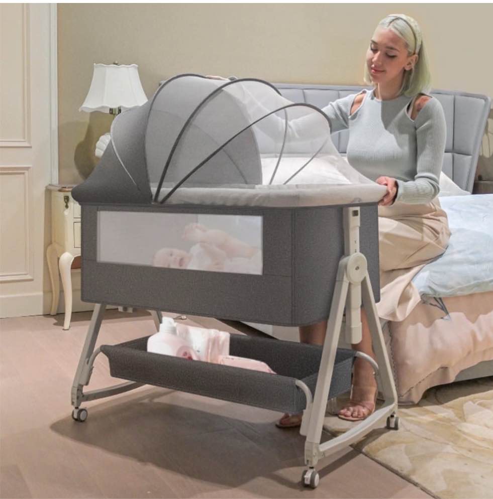 Yadala Baby Bassinet, 3 in 1 Bedside Sleeper with Storage Basket, Easy to Fold Bedside Crib, 0-24 Month, Gray