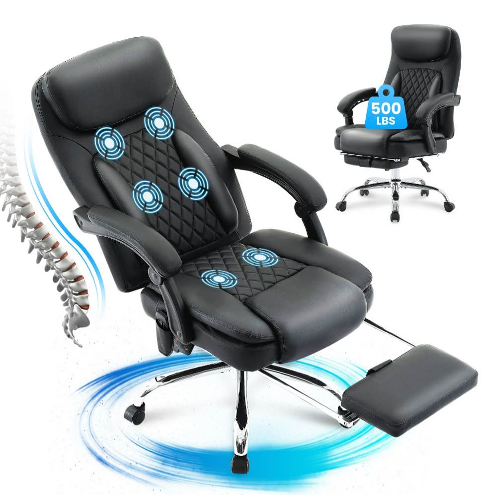JONPONY Big and Tall Office Chair 500LBS Executive Office Chair Massage and Footrest Ergonomic Computer Desk Chair Reclining High Back Leather Office Chair Lumbar Back Support Swivel Rolling,Black