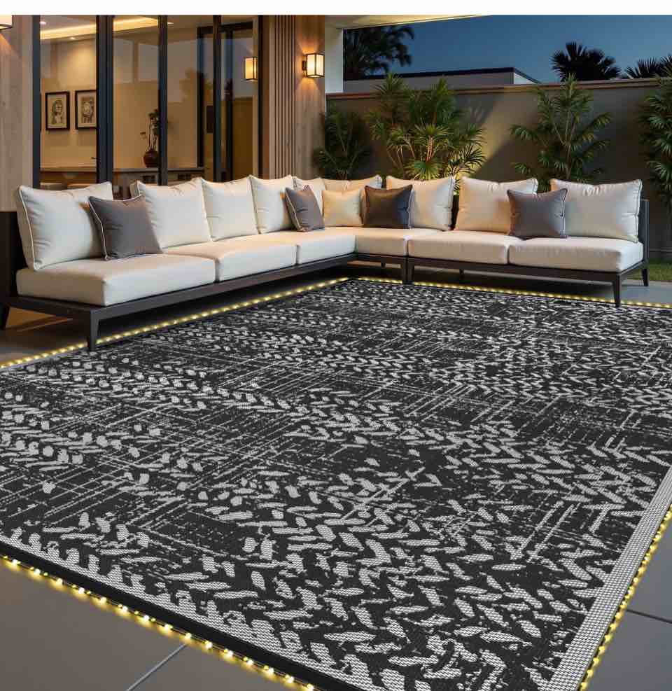 VUNATE Outdoor Rug 9x12 with Led Light Strips Patio Rug Clearance Plastic Waterproof Outdoor Mat for Picnic RV Porch Camping Reversible Outside Rug Black White