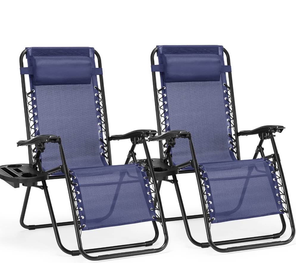 CONCETTA 2PCS Zero Gravity Patio Recliner, Textilene Folding Lounge with Adjustable Pillow & Cup Tray, Blue